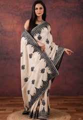 OffWhite Pure Tussar Kantha Silk Saree With Blouse Piece - Adi Akshoy & Co.