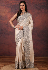 OffWhite Pure Tussar Kantha Silk Saree With Blouse Piece - Adi Akshoy & Co.
