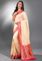 Beige with Red Border Katan Silk Saree With Blouse Piece - Adi Akshoy & Co.