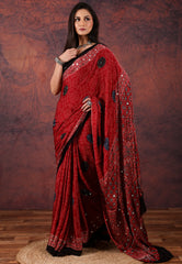 Red Mirror Work Modal Silk Saree With Blouse Piece - Adi Akshoy & Co.