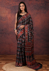 Black Pure Modal Work Silk Saree With Blouse Piece - Adi Akshoy & Co.