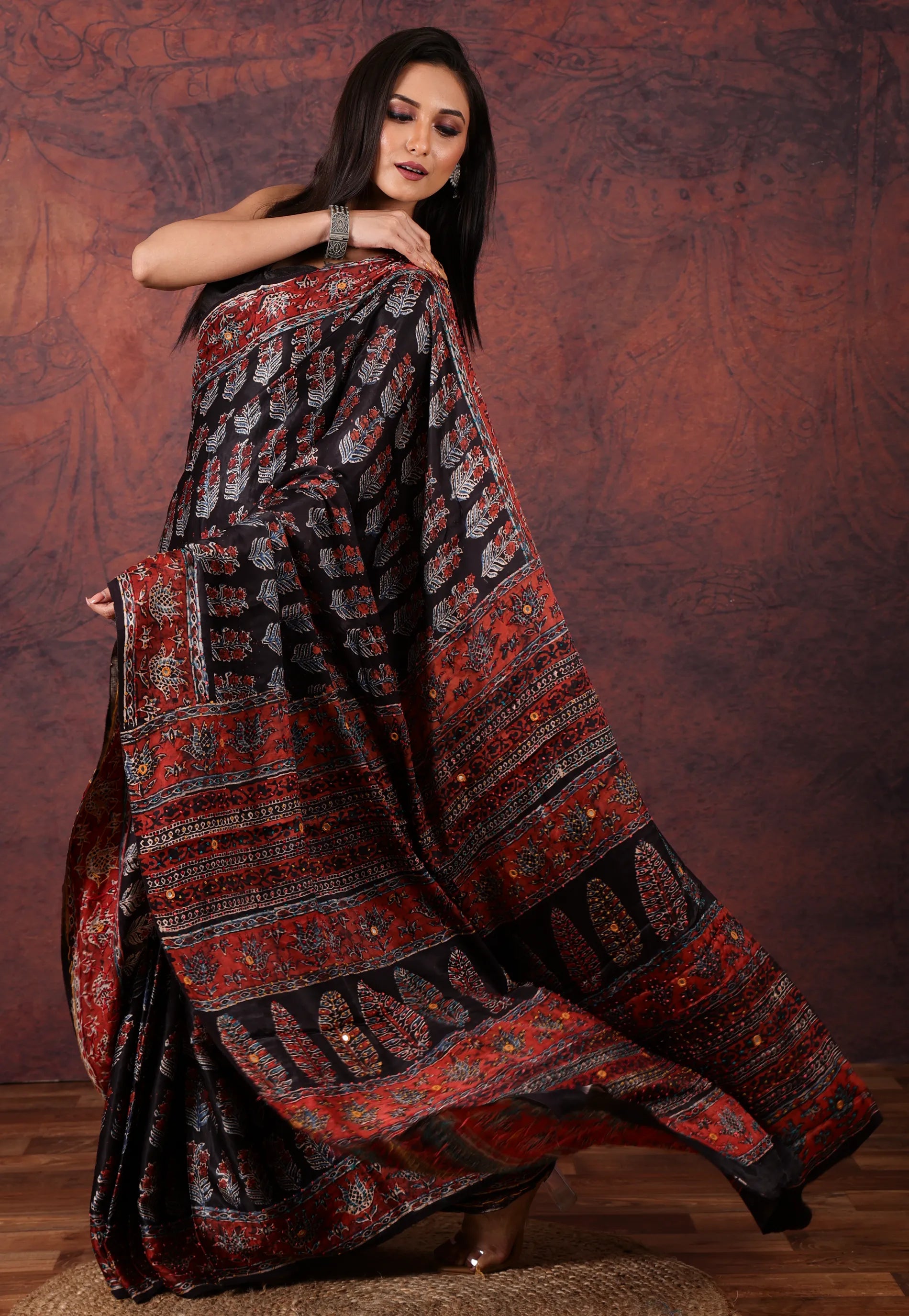 Black Pure Modal Work Silk Saree With Blouse Piece - Adi Akshoy & Co.