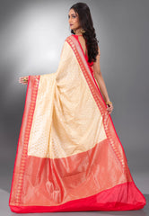 Beige with Red Border Katan Silk Saree With Blouse Piece - Adi Akshoy & Co.