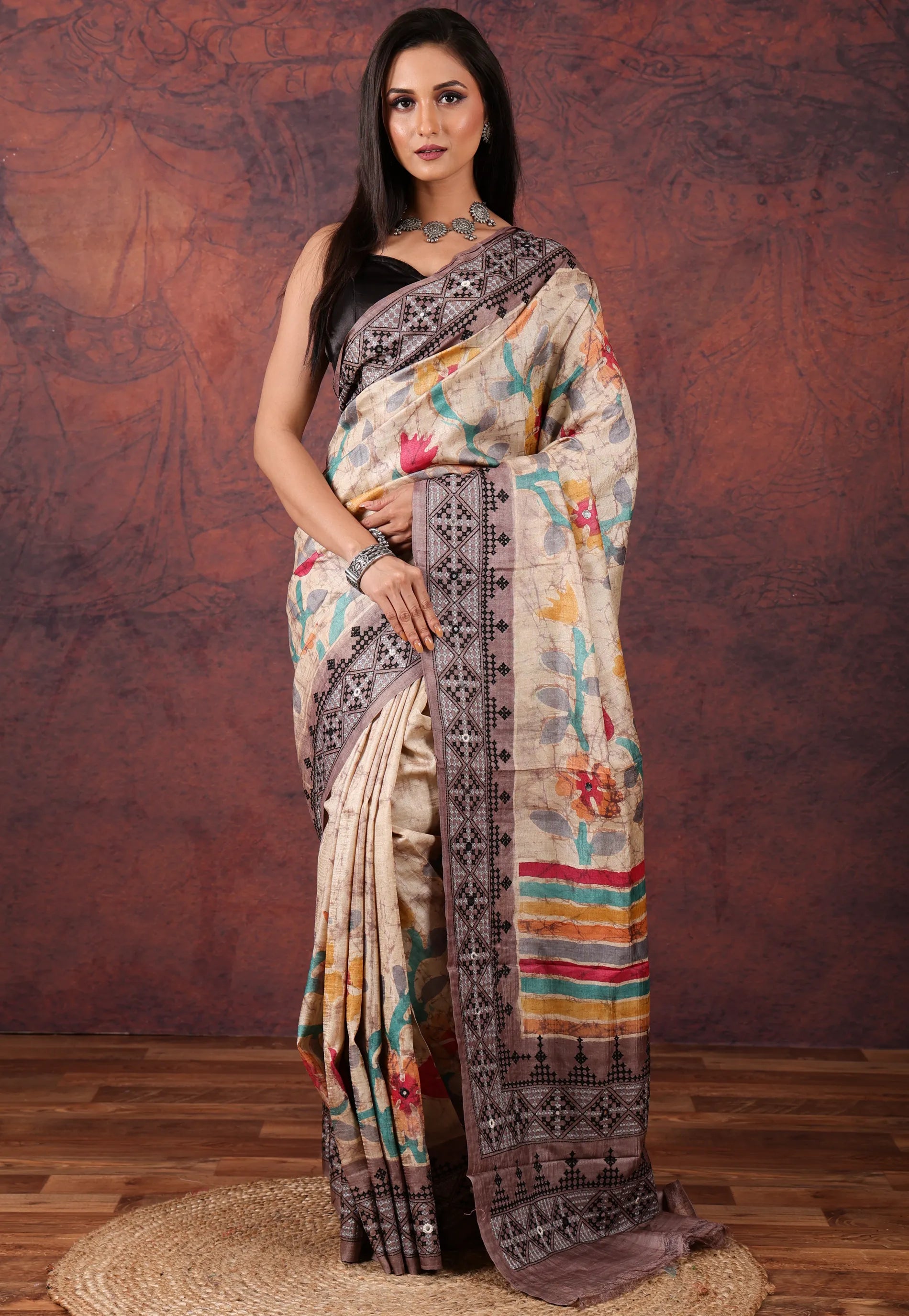 Beige Pure Tussar Kantha Silk Saree With Blouse Piece - Adi Akshoy & Co.