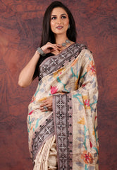Beige Pure Tussar Kantha Silk Saree With Blouse Piece - Adi Akshoy & Co.