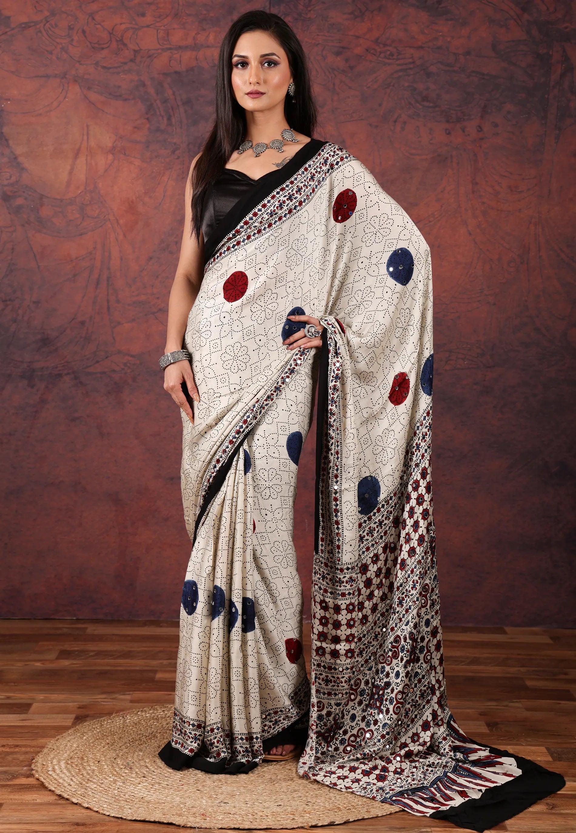 OffWhite Modal Mirror Work Silk Saree With Blouse Piece - Adi Akshoy & Co.