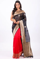 Red with Black Anchal Pure Kora Silk Saree With Blouse Piece - Adi Akshoy & Co.