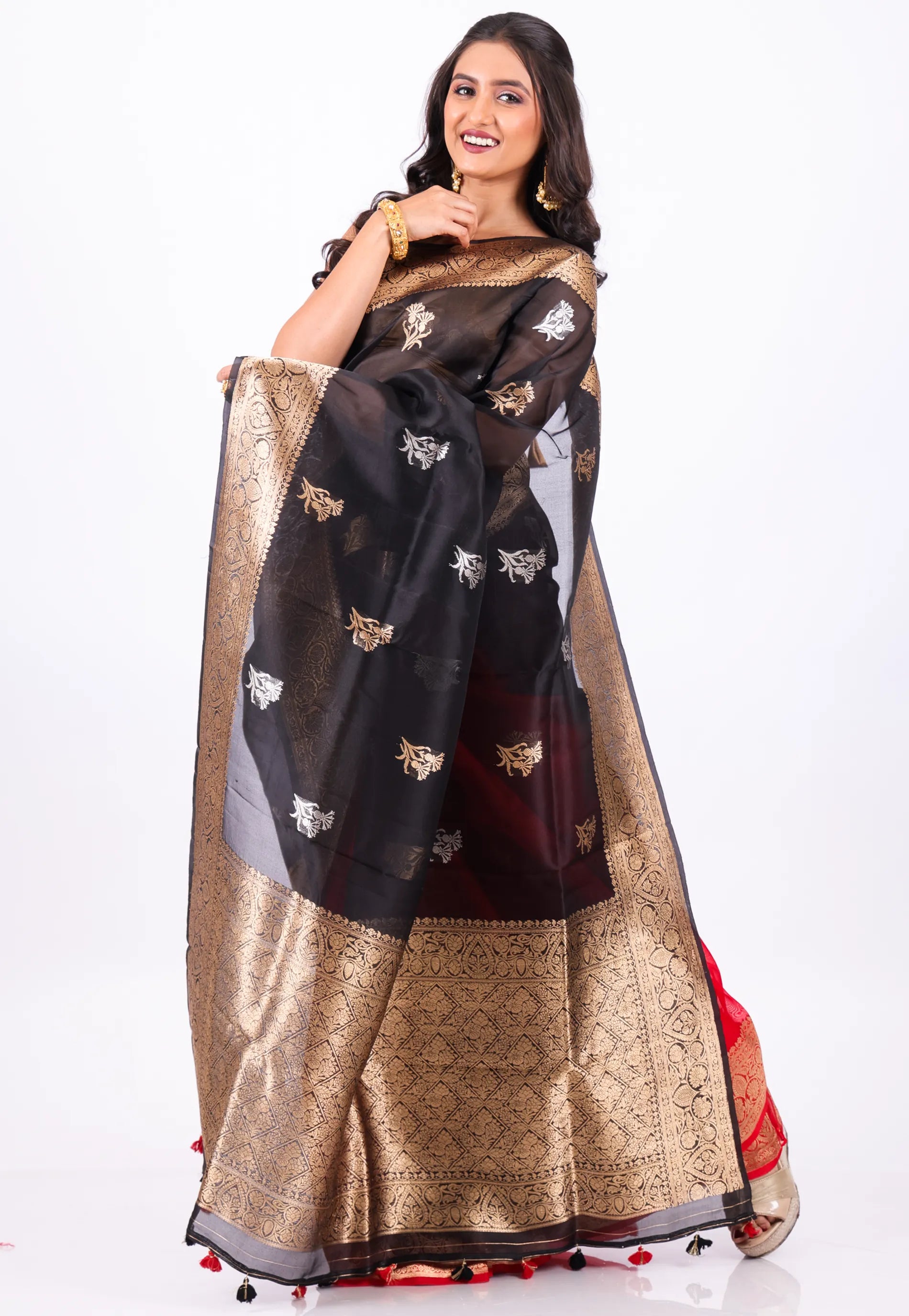 Red with Black Anchal Pure Kora Silk Saree With Blouse Piece - Adi Akshoy & Co.