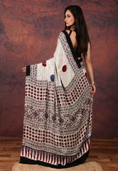 OffWhite Modal Mirror Work Silk Saree With Blouse Piece - Adi Akshoy & Co.