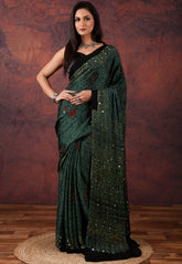 Bottle Green Modal Mirror Work Silk Saree With Blouse Piece - Adi Akshoy & Co.
