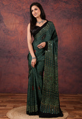 Bottle Green Modal Mirror Work Silk Saree With Blouse Piece - Adi Akshoy & Co.