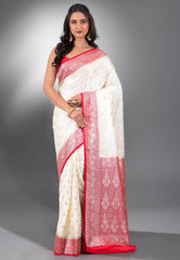 Off White with Red Border Katan Silk Saree With Blouse Piece - Adi Akshoy & Co.