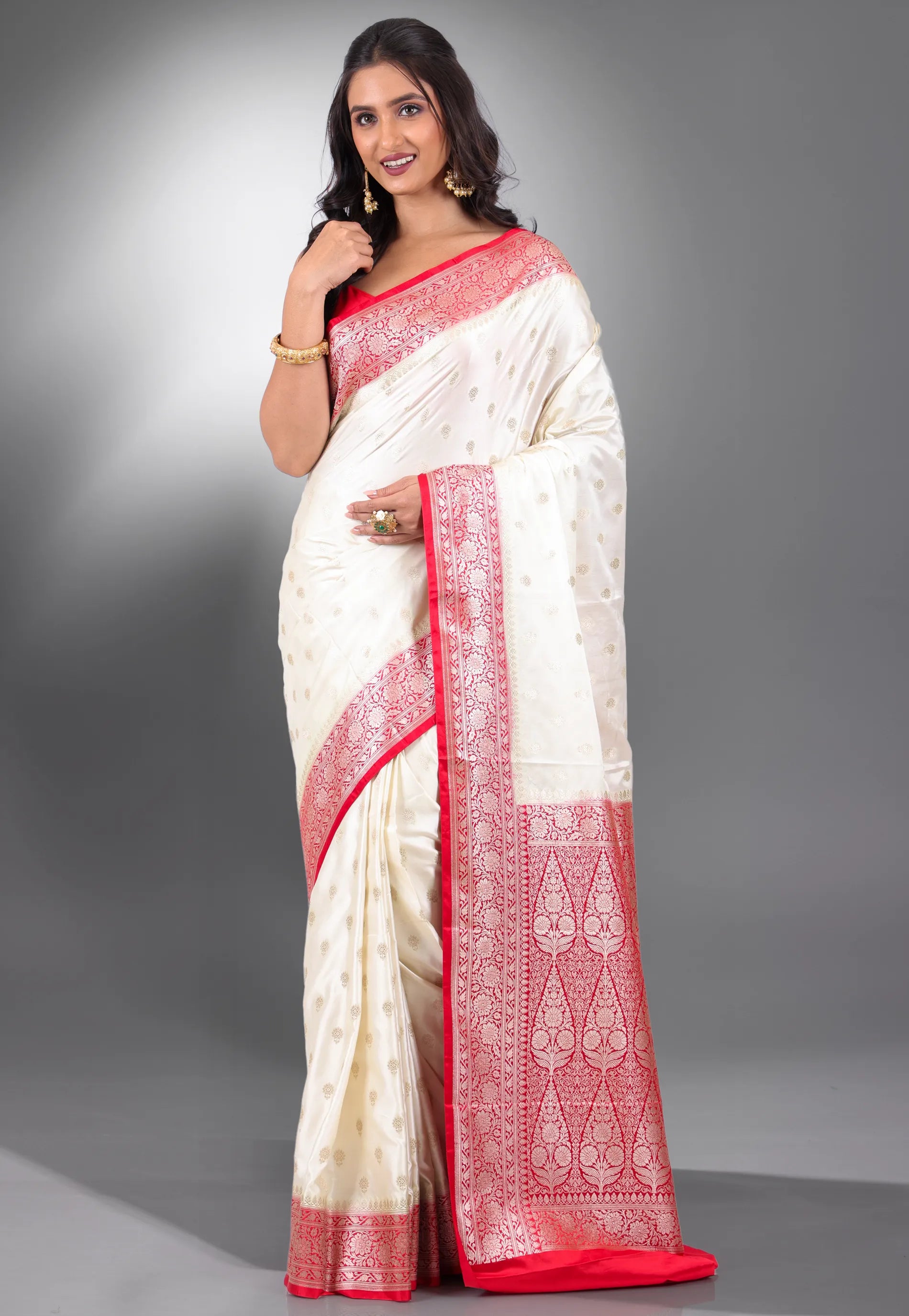 Off White with Red Border Katan Silk Saree With Blouse Piece - Adi Akshoy & Co.