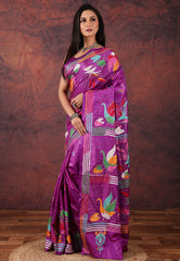 Magenta Kantha Silk Saree With Blouse Piece - Adi Akshoy & Co.