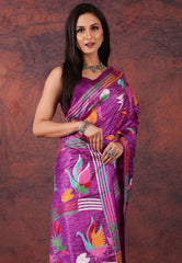 Magenta Kantha Silk Saree With Blouse Piece - Adi Akshoy & Co.