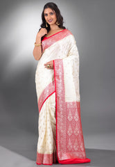 Off White with Red Border Katan Silk Saree With Blouse Piece - Adi Akshoy & Co.