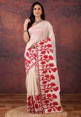 Beige Kantha Silk Saree With Blouse Piece - Adi Akshoy & Co.