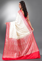 Off White with Red Border Katan Silk Saree With Blouse Piece - Adi Akshoy & Co.