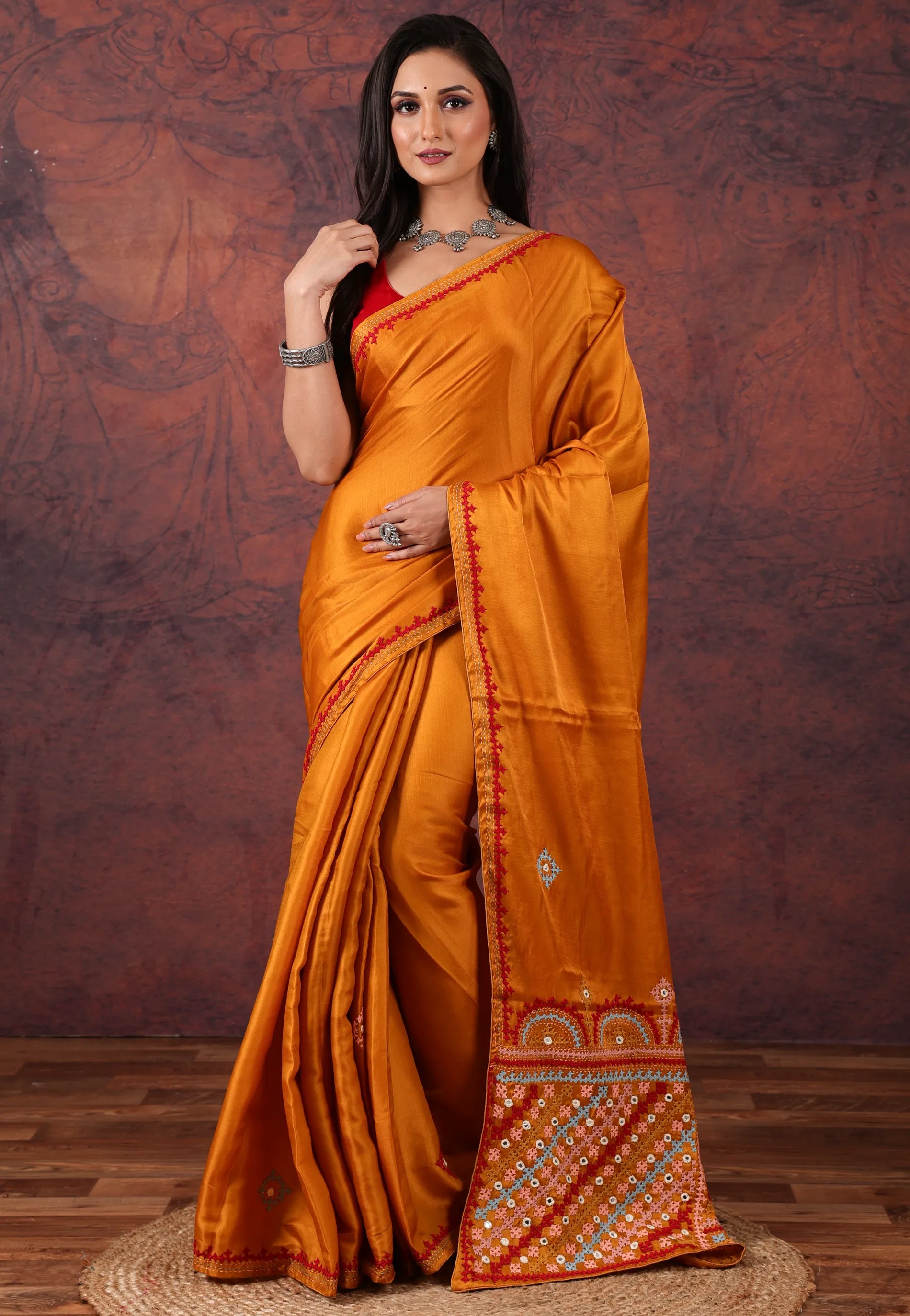 Mustard Yellow Kantha Silk Saree With Blouse Piece - Adi Akshoy & Co.