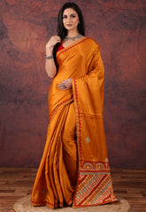 Mustard Yellow Kantha Silk Saree With Blouse Piece - Adi Akshoy & Co.