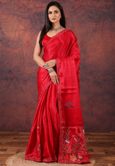 Red Kantha Silk Saree With Blouse Piece - Adi Akshoy & Co.