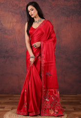 Red Kantha Silk Saree With Blouse Piece - Adi Akshoy & Co.