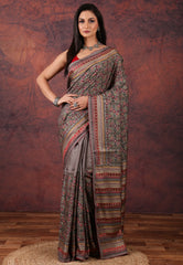 Gray Kantha Silk Saree With Blouse Piece - Adi Akshoy & Co.
