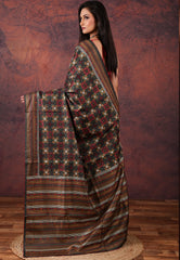 Black Kantha Silk Saree With Blouse Piece - Adi Akshoy & Co.