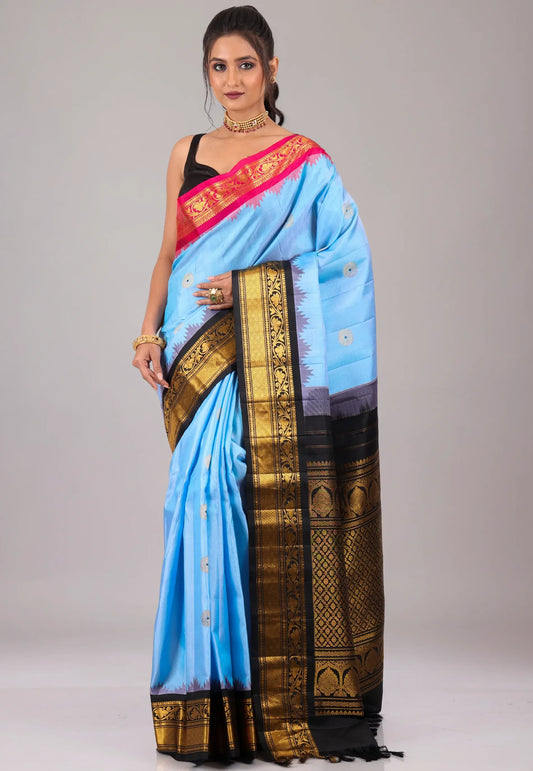 Aqua Blue with Golden Black Border Pure Gadwal Silk Saree With Blouse Piece - Adi Akshoy & Co.