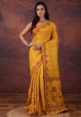 Mustard Yellow Pure Tussar Kantha Silk Saree With Blouse Piece - Adi Akshoy & Co.