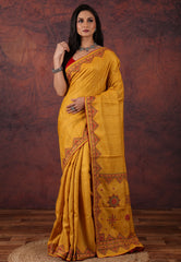 Mustard Yellow Pure Tussar Kantha Silk Saree With Blouse Piece - Adi Akshoy & Co.