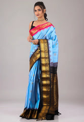 Aqua Blue with Golden Black Border Pure Gadwal Silk Saree With Blouse Piece - Adi Akshoy & Co.