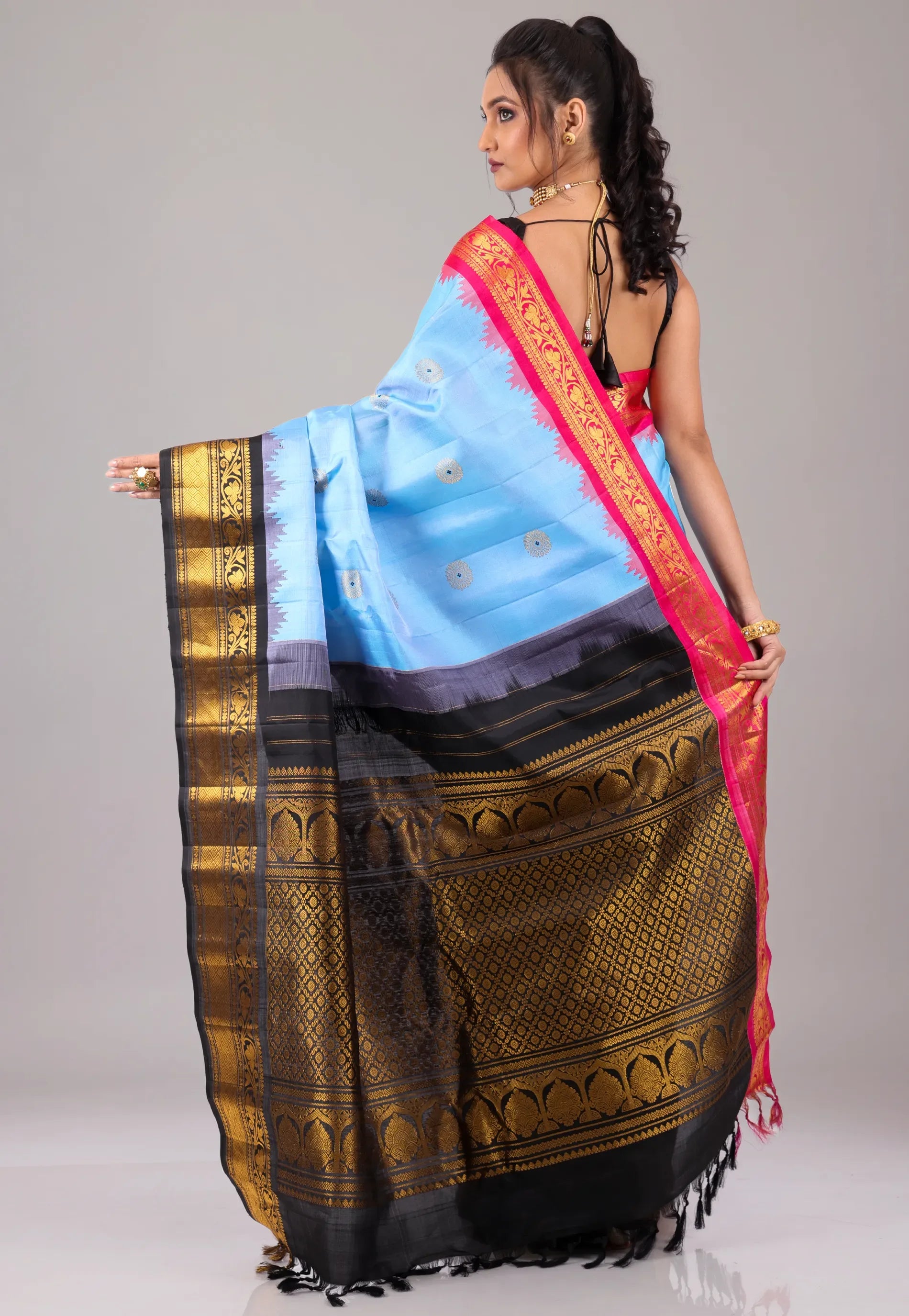 Aqua Blue with Golden Black Border Pure Gadwal Silk Saree With Blouse Piece - Adi Akshoy & Co.