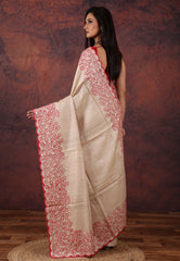 OffWhite Pure Tussar Kantha Silk Saree With Blouse Piece - Adi Akshoy & Co.