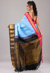 Aqua Blue with Golden Black Border Pure Gadwal Silk Saree With Blouse Piece - Adi Akshoy & Co.