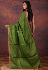 Green Pure Tussar Kantha Silk Saree With Blouse Piece - Adi Akshoy & Co.