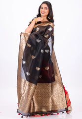Red with Black Anchal Pure Kora Silk Saree With Blouse Piece - Adi Akshoy & Co.