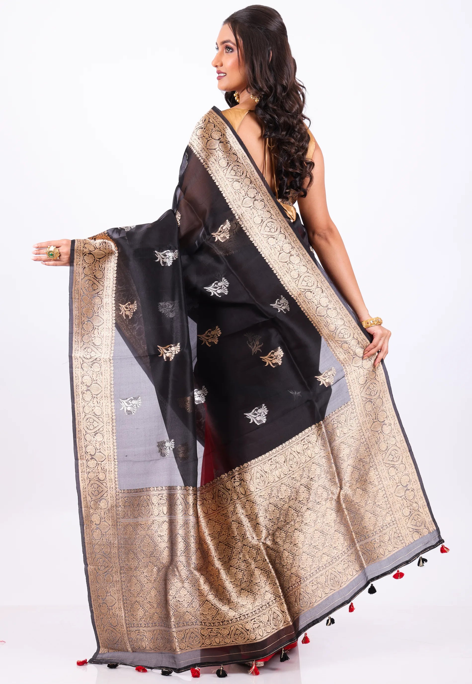 Red with Black Anchal Pure Kora Silk Saree With Blouse Piece - Adi Akshoy & Co.
