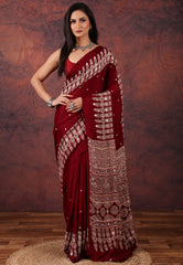 Red Mirror Work Modal Silk Saree With Blouse Piece - Adi Akshoy & Co.