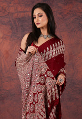 Red Mirror Work Modal Silk Saree With Blouse Piece - Adi Akshoy & Co.