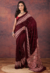 Wine Red Mirror Work Modal Silk Saree With Blouse Piece - Adi Akshoy & Co.