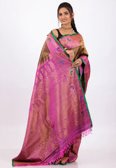 Maroon with Golden Zari work with Pink Border Pure Gadwal Silk Saree With Blouse Piece - Adi Akshoy & Co.