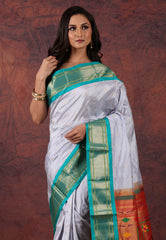 Icy Blue Pure Paithani Silk Saree With Blouse Piece - Adi Akshoy & Co.