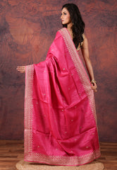 Rani Pink Pure Tussar Kantha Silk Saree With Blouse Piece - Adi Akshoy & Co.