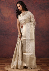 Golden Silver Colour Tissue Kantha Silk Saree With Blouse Piece - Adi Akshoy & Co.