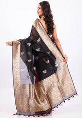 Red with Black Anchal Pure Kora Silk Saree With Blouse Piece - Adi Akshoy & Co.