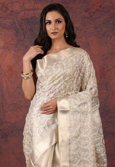 Golden Silver Colour Tissue Kantha Silk Saree With Blouse Piece - Adi Akshoy & Co.