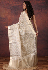 Golden Silver Colour Tissue Kantha Silk Saree With Blouse Piece - Adi Akshoy & Co.