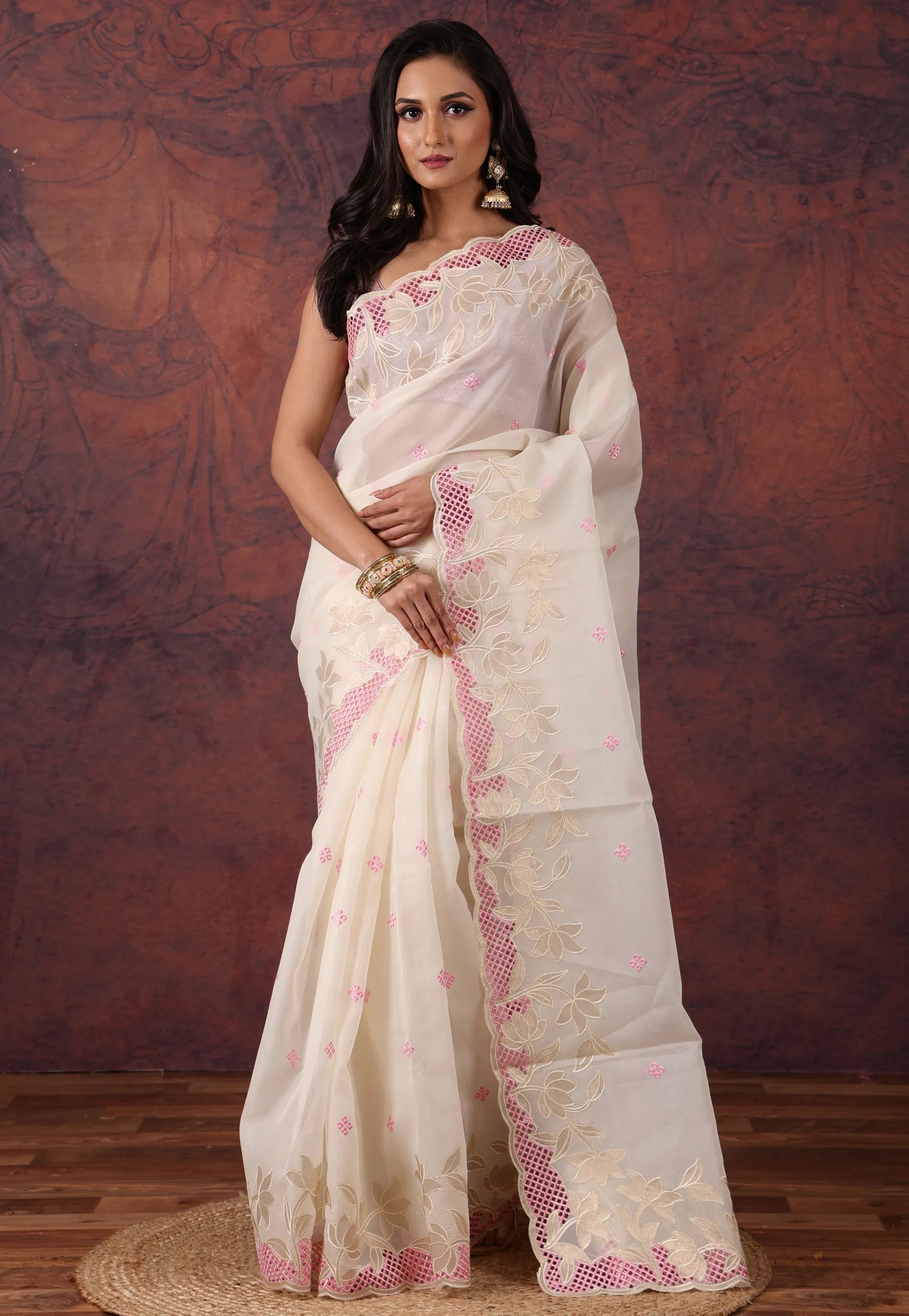 White Organza Kantha Silk Saree With Blouse Piece - Adi Akshoy & Co.
