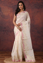 White Organza Kantha Silk Saree With Blouse Piece - Adi Akshoy & Co.
